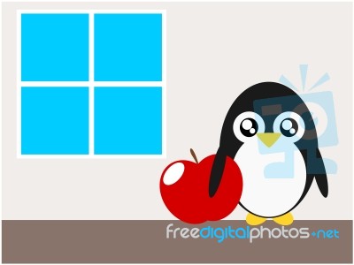 Cartoon Penguin Apple And Windows Illustration Stock Image