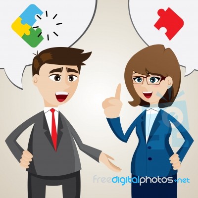 Cartoon Solve Problem Between Businessman And Businesswoman Stock Image