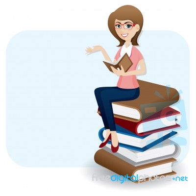 Cartoon Woman Reading Book On Stack Of Book Stock Image