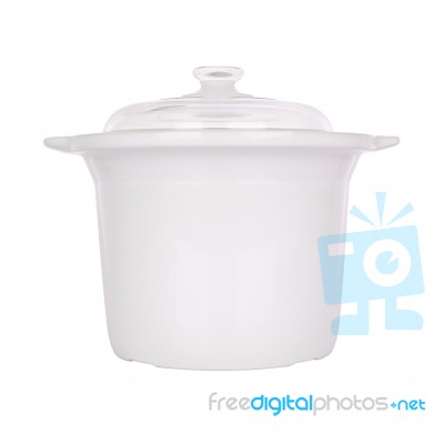 Ceramic Steam Pot With Cover On White Background Stock Photo