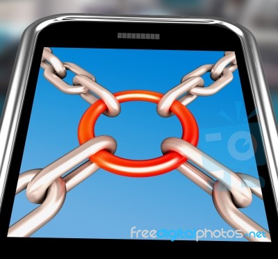 Chains Joint On Smartphone Showing Security Unity Stock Image