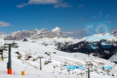 Chair Lifts In The Dolomites At The Pordoi Pass Stock Photo