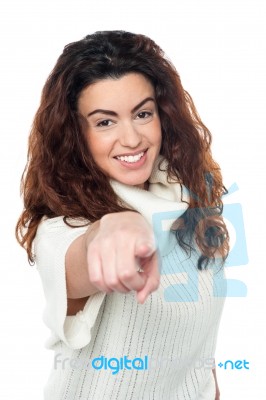 Cheerful Caucasian Lady Pointing At You Stock Photo