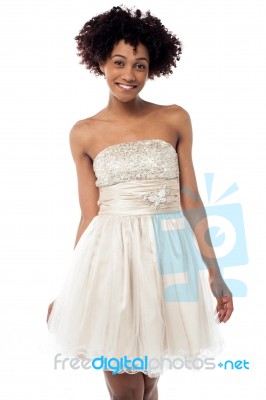 Cheerful Glamorous Model In White Frock Stock Photo