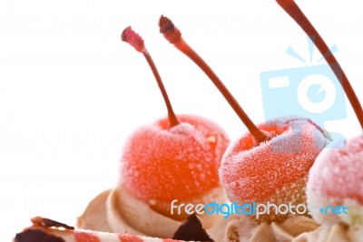 Cherry On Top Of Ice Cream Cake Stock Photo