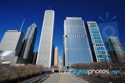 Chicago Buildings With Road Stock Photo