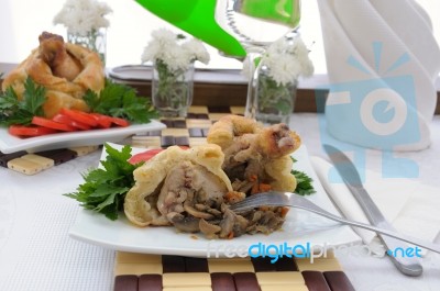 Chicken Leg Stuffed With Mushrooms In Pastry (cut) Stock Photo