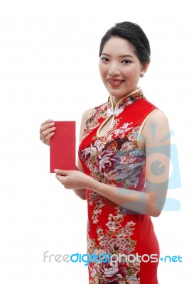 Chinese Girl Holding Red Envelope Stock Photo