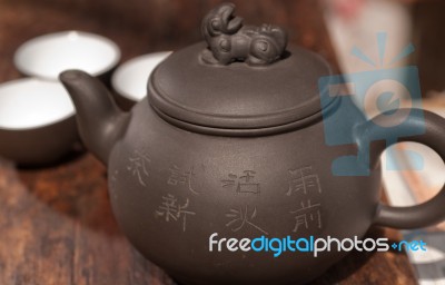 Chinese Green Tea Pot And Cups Stock Photo