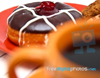 Chocolate Donut With Coffee Stock Photo