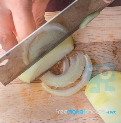 Chopping Onion Means Prepare Food And Cooking Stock Photo