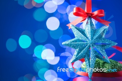 Christmas Decoration With Red Ribbon  And Beautiful Boke Stock Photo