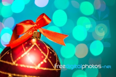 Christmas Decoration With Red Ribbon  And Beautiful Bokeh Stock Photo