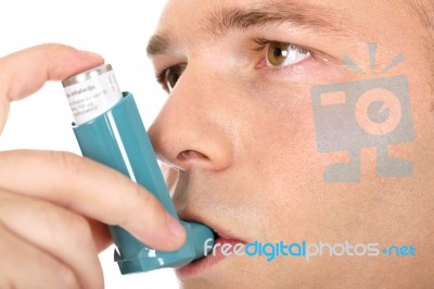 Close Up Of A Man With Asthma Pump Stock Photo Close Up Of A Man With Asthma Pump Stock Photo