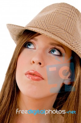 Close View Of Young Model Wearing Hat Stock Photo