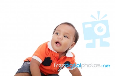 Closeup Of Happy One Year Old Hispanic Baby Boy On Isolated Back… Stock Photo