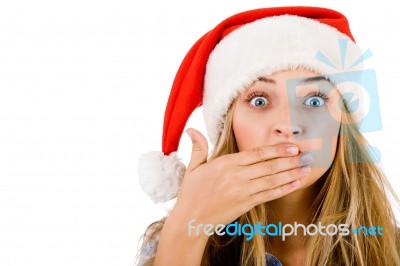 Closeup Of Young Women Covering Her Mouth With Both Hands Stock Photo