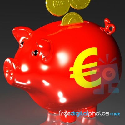 Coins Entering Piggybank Shows European Loans Stock Image