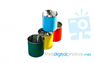 Colorful Empty Cans ( Red Blue Yellow And Green) Isolate On Whit… Stock Photo