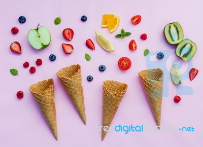 Colorful Ice Cream With Mixed Berry And Various Fruits Raspberry… Stock Photo