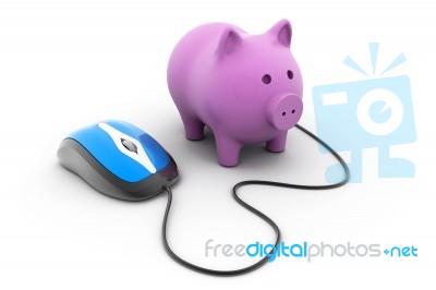 Computer Mouse Connected To A Pink Piggy Bank Stock Image