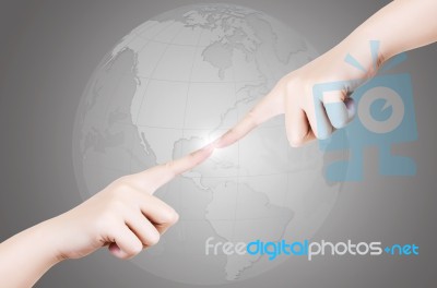 Concept  Hand Point World Globe Line Stock Photo