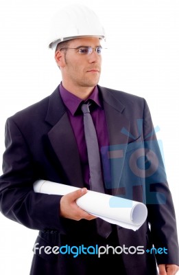 Construction - Male Architect Holding Blueprints Stock Photo