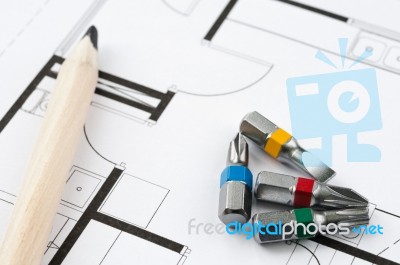 Construction Plan Tools Stock Photo