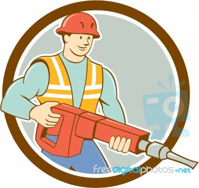 Construction Worker Jackhammer Circle Cartoon Stock Image