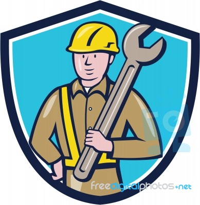 Construction Worker Spanner Shield Cartoon Stock Image