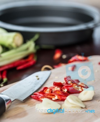 Cooking Spicy Food Means Red Chilli And Chile Stock Photo