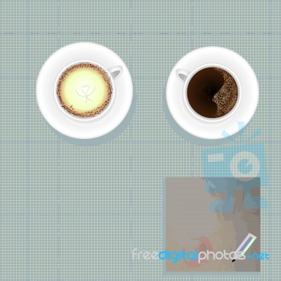 Couple Coffee Cup,paper And Pencil On Blue Grid Background Stock Image