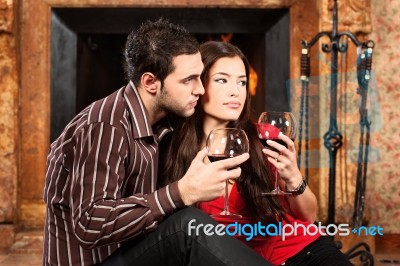 Couple In Love Enjoying Wine Stock Photo