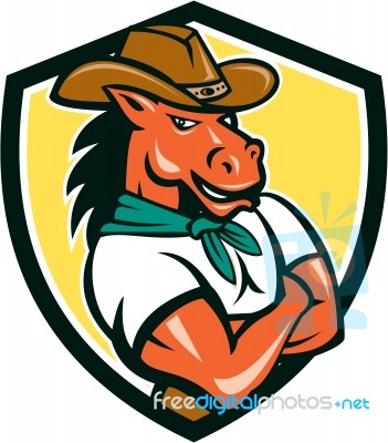 Cowboy Horse Arms Crossed Shield Cartoon Stock Image