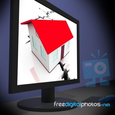 Cracked Foundations On Monitor Shows Crumbling House Stock Image