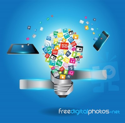 Creative Light Bulb With Cloud Of Colorful Application Icon Stock Image