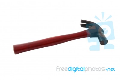 Crimson Handle Hammer From Tail On White Background Stock Photo