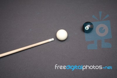 Cue Stick And Balls On Pool Table Stock Photo
