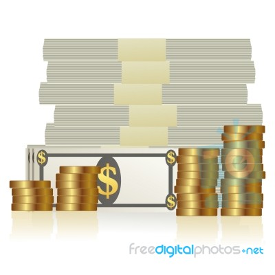 Currency Notes And Dollar Coins Stock Image