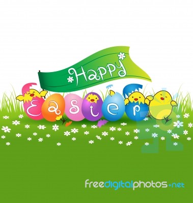 Cute Baby Chicken And Colorful Eggs For Easter Day Card Stock Image