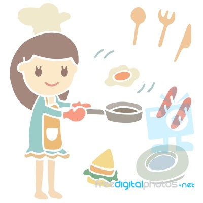 Cute Girl Cooking Breakfast, Cartoon Illustration Stock Image