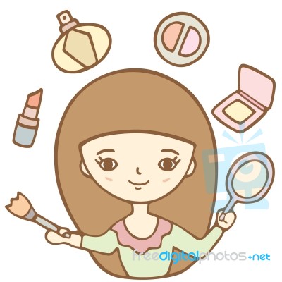 Cute Girl Doing Her Makeup With The Mirror, Cartoon Illustration… Stock Image