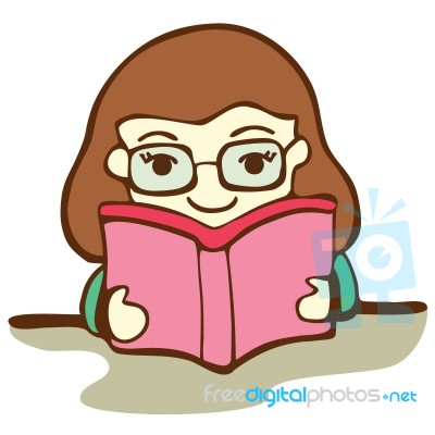 Cute Girl Reading Book, Cartoon Illustration Stock Image