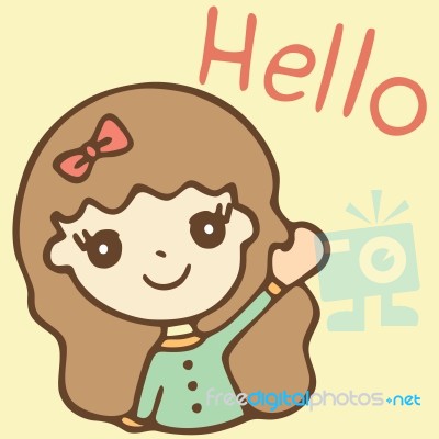 Cute Girl Saying Hello, Cartoon Illustration Stock Image
