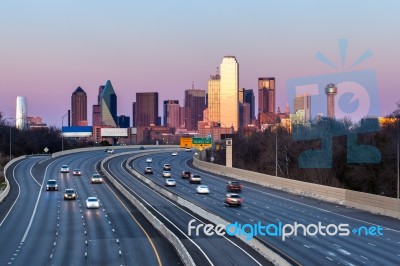 Dallas Downtown Skyline In The Evening, Texas Stock Photo