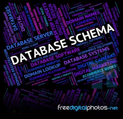 Database Schema Indicates Schemas Charts And Word Stock Image