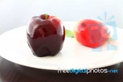 Deletable Imitation Fruits Blur Right One Dessert On Dish Stock Photo
