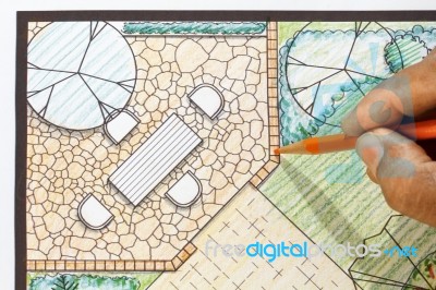 Design Patio In Garden Plan Stock Photo