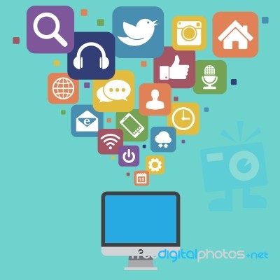 Desktop With Social Media Icons Stock Image