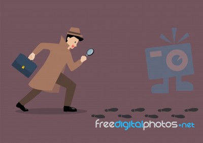 Detective Investigate Is Following Footprints With Magnifying Gl… Stock Image